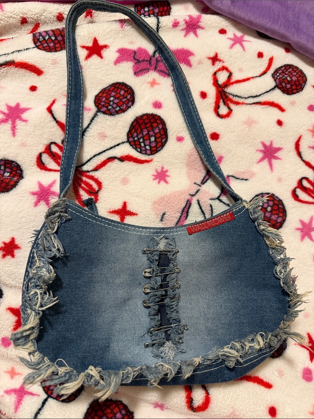 VTG Wallflower Grunge Denim Safety Pin Shoulder Bag - Y2K Frayed Hobo